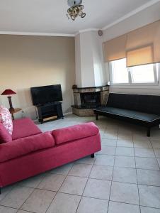 a living room with a red couch and a fireplace at Villa savvas in Paralía Avdhíron