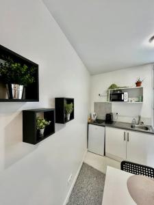 a kitchen with white walls and white cabinets and plants at Studio 3 Rue Théodore Bac - DABNB in Limoges