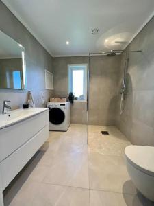 Un baño con ducha, lavabo e inodoro. en Bo moderne på Falkum med utsikt, en Skien