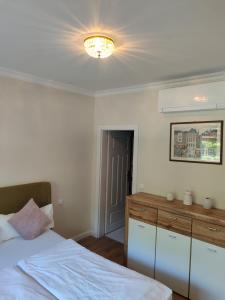 a bedroom with a bed and a chandelier at eco Appartements Reichel in Baden-Baden +7 photos