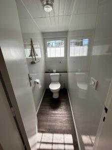 a bathroom with a toilet and a window at Maison MAHECO in Gujan-Mestras