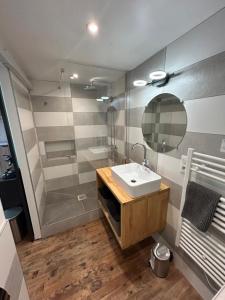 a bathroom with a sink and a shower at Maison MAHECO in Gujan-Mestras