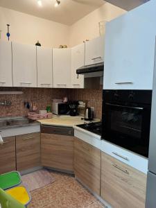 a kitchen with white cabinets and a black appliance at Apartment Teo & Leon in Novi Vinodolski