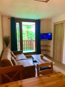 una sala de estar con un sofá y una mesa en 2 pièces hameau, en Isola