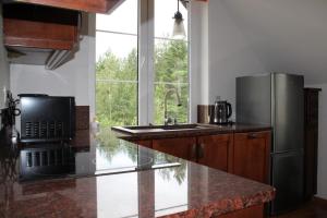 a kitchen with a stainless steel refrigerator and a sink at Obszerny apartament w Charzykowy in Charzykowy