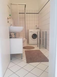 Un baño con lavabo y lavadora. en Studio in Dresden Neustadt Louisenstraße, en Dresden