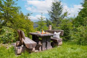 a picnic table and two chairs in the grass at Titisee Haus an der Sonne by Kuckucksnester in Titisee-Neustadt