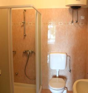 a bathroom with a shower with a toilet and a sink at Apartments Fink in Portorož