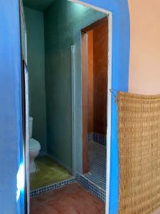 a bathroom with a toilet and a glass shower door at Les cavaliers chez Yassine in Marrakesh