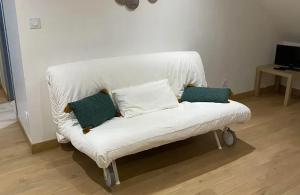 a white couch with two pillows on it in a room at Maison charmante aux Riceys avec cour extérieure in Les Riceys +24 photos