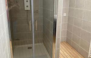 a shower with a glass door in a bathroom at Maison charmante aux Riceys avec cour extérieure in Les Riceys