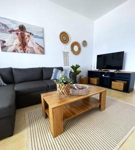 ニキティにあるKima Sea Apartmentのソファとコーヒーテーブルのあるリビングルーム