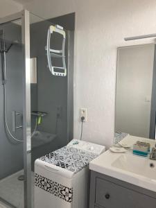 a small bathroom with a shower and a sink at Face Mer 2 chambres parking in Hossegor