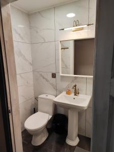 a white bathroom with a toilet and a sink at Comfort Mile Apartments in Vilnius +15 photos