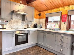 a kitchen with white appliances and a wooden ceiling at Snowdrop 9 Hot Tub-Woodlandlodges-Pembrokeshire in Carmarthen