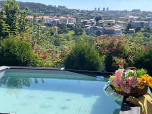 a swimming pool with flowers and a city at Gloria's Design House in Santiago de Compostela