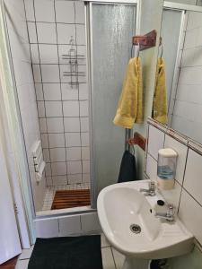 a small bathroom with a sink and a shower at King Sanctuary in Centurion