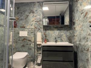 a bathroom with a sink and a toilet and a mirror at Seyregah Dağ Evi in Ardeşen +30 photos