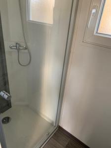 a shower with a glass door in a bathroom at OPHEA 2 Personnes in Limeuil +2 photos