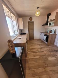 a kitchen with a wooden floor and a counter top at La cabanista in Notre-Dame-de-Monts