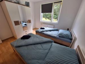 a bedroom with two beds and a mirror at Apartment Kapfenberg in Kapfenberg