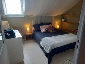 a small bedroom with a bed and a window at Appartement des hirondelles , au pied du château in Chinon