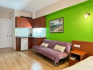 a living room with a purple couch and a green wall at Kekik Butik Otel in Çeşme