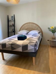 ein Schlafzimmer mit einem Bett mit einer braunen und grauen Bettdecke in der Unterkunft Confortable et agréable T1 n•1 in Ussel