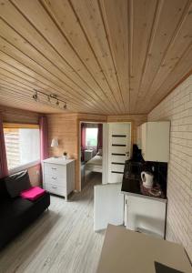 a kitchen and living room in a tiny house at Pokoje & Domki GABI in Pobierowo