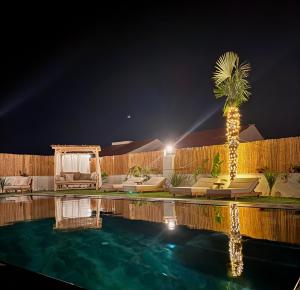 Eine Palme steht nachts neben einem Swimmingpool. in der Unterkunft Villa Egella in Dikili