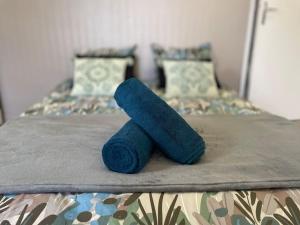 a blue stuffed animal sitting on top of a bed at Studio du Voyageur - Machine à laver - Proche gare in Sainte-Savine +4 photos