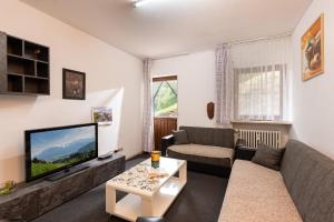 Una sala de estar con un sofá y un televisor. en Bergschlössl Oberaudorf, en Oberaudorf