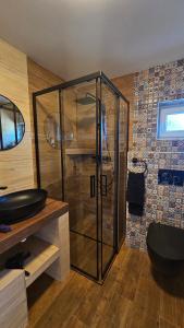 a bathroom with a glass shower with a sink at Apartmánový domček in Veľká Lomnica