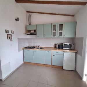 kuchnia z białymi szafkami, zlewem i kuchenką mikrofalową w obiekcie Studio apartman Vera w Ražancu