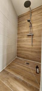 a shower in a room with a wooden wall at Villa Papillons Narbonne 'Jardin & Clim' 'Proche Centre & Plages' in Narbonne +23 photos