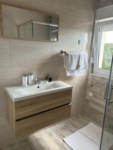 a bathroom with a sink and a shower at Galešnjak in Sveti Petar
