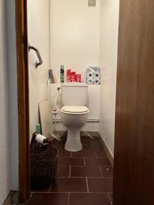 a bathroom with a white toilet in a room at Chez Benoit, séjour Zen, chambre d'amis in Mazerolles