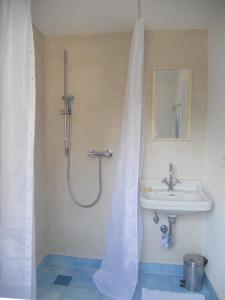 a bathroom with a shower curtain and a sink at Ferienwohnung Wolfshagen in Wolfshagen