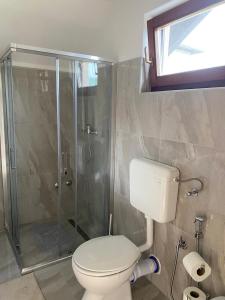 a bathroom with a toilet and a shower at Panorama Pokoj Apartments in Bihać +18 photos