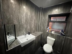 a bathroom with a sink and a toilet and a mirror at Cozy double near Train Station in Birmingham