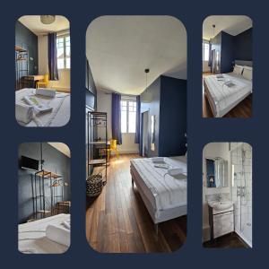 four different pictures of a room with two beds and a bathroom at hotel terminus auray in Auray