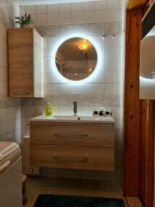 a bathroom with a sink and a mirror at Ferienhaus Am Becherberg in Schwarzenberg