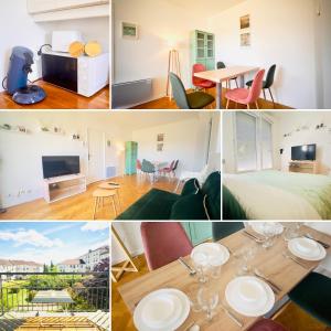 een collage van foto's van een hotelkamer bij Le Jardin Suspendu, Steps to Lake & Station in Bussy-Saint-Georges