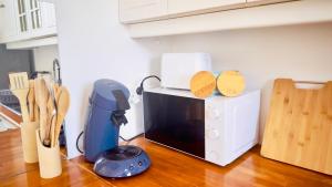 een magnetron bovenop een houten vloer bij Le Jardin Suspendu, Steps to Lake & Station in Bussy-Saint-Georges +4 foto's