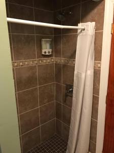 a bathroom with a shower with a shower curtain at 202 Private Room-Double Twin Bed in CoHi DC! in Washington