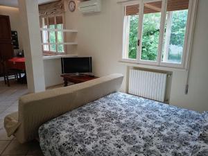 a bedroom with a bed and a television and windows at Spillo Short Rent Affitti brevi in Due Carrare