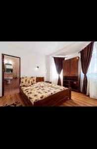 a bedroom with a bed and a dresser and a mirror at Caty in Jiblea Veche