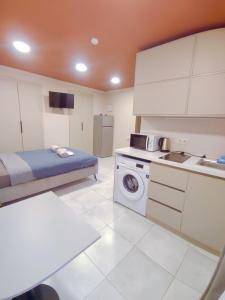 cocina pequeña con cama y lavadora en Salve rooms2 tabidze, en Tiflis 18 fotos más