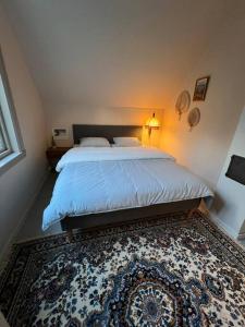 a bedroom with a bed with a blue blanket and a rug at Villa Nostalgia in Bergen