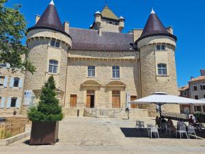 a castle with a christmas tree in front of it at Studio 2 étoiles "Le Balcon du Dôme" in Aubenas